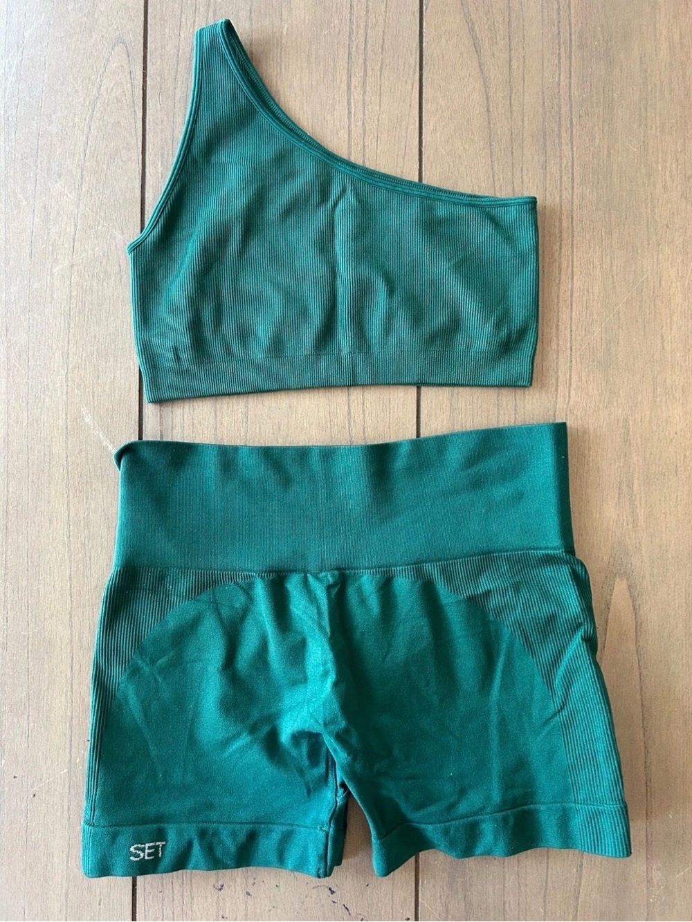 SET Active Forest Green One-Shoulder Crop Top & High-Waist Shorts - Picture 2 of 3